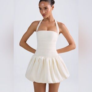 Oh Polly Ludmila  Halterneck Lace-Up Bubble Hem Corset Micro Mini Dress in Ivory